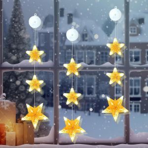 Kal-Fenêtre Décorative De Noël Avec Étoile, Led Rideau Lumineux Blanc Chaud À Piles Avec Ventouses, 2 Modes, Minuterie, Guirlande Lumineuse Décoration Pour Intérieur De Noël Fête Mariage (Étoile) - Neuf