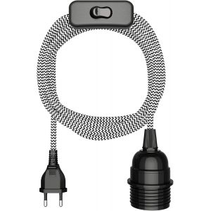 Câble textile LEKA,fiche,interrupteur,noir,blanc,dentelé,3 m,douille de lampe,1x E27 max. 60W - Neuf
