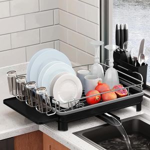 Égouttoir À Vaisselle Avec Porte-Couverts, Plateau À Tasses, Bac D'égouttement Et Bec Rotatif, Égouttoir À Vaisselle Peu Encombrant Pour Le Plan De Travail De La Cuisine, Gris - Neuf