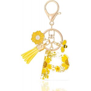 KAL-Letter Keychains Initiale Lettre Porte Clef Lettre,Alphabet Initial Keyring Avec Pampille Pendentif,Jaune Pétales Feuille D'Or Key Ring Pour Femmes Filles Portefeuilles Sac À Main Charme - Neuf
