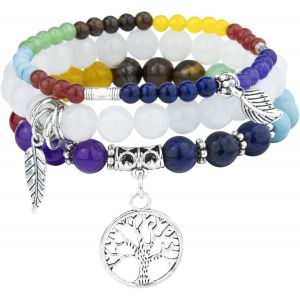 Kalanka-3 Pcs Bracelet Pierre Naturelle Femme,Boho Bracelet Perles Femme Avec Pendentif Arbre De Vie,Bracelets De Yoga Femmes,17-24 Cm Bracelets Pierre Coloré,Bijoux Cadeau Pour Femmes Fille - Neuf