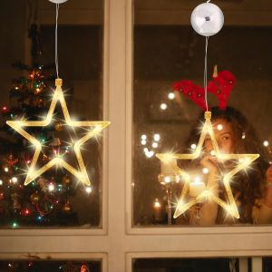 KALANKA-Lot de 2 guirlandes lumineuses en forme d'étoile pour fenêtre - 10 LED - Fonctionne avec piles - Avec ventouses - Décoration de Noël - Blanc chaud - Pour décoration de Noël - Neuf