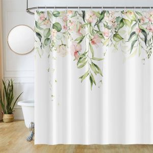 Tianyi-Rideau Douche Anti Moisissure, Rideau De Douche 180x180cm Vert Clair Feuilles D'eucalyptus Fleuri Rose Rideaux De Baignoire Tissu Lavable Imperm&eacute;able Rideaux Salle De Bain Avec 12 Crochets - Neuf