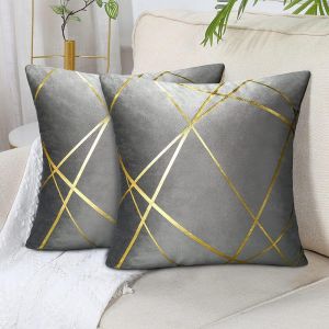 Eryi-Moderne Housse De Coussin 50x50 Cm Grand Velours Coussin Gris Décoratifs Housses D'oreiller Lignes Dorées Géométrie Coussin Salon Chambre Banc Taie Coussin Canapé Été Lot De 2 - Neuf