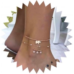 Kal-Bracelet Cheville Éléphant Boho Cheville Étoile Doré Cheville Breloque Éléphant Cristal Chaîne Cheville Perlée Chaîne Pied Plage Cheville Réglable 3pcs Set Bijoux Pied Cadeau Pour Femmes - Neuf