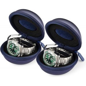 Nbgcm-Boîte Montre Voyage, Montre Fermeture À Glissière Étui, Avec Mousqueton Et Éponge, Portable Montre Ronde Boîte De Rangement, Convient À Toutes Les Montres Inférieures À 50mm(Bleu-2 Pièces) - Neuf
