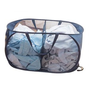 Panier &agrave; linge pliable en maille bleu marine &agrave; 2 compartiments avec poign&eacute;es - Neuf