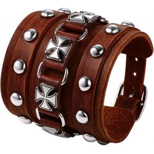 Eryi-Bracelet Manchette Cuir Homme,Bracelet De Force Style Gothique Punk Rock,Bracelet Tête De Mort Homme Avec Rivet Et Bouton,Bracelet Motard Biker Large,Cadeau Pour Homme - Neuf