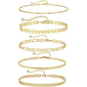 Lot De 5 Bracelets Pour Femme En Acier Inoxydable - Perles Figaro - Réglables - Étanche - Or - Bijoux Pour Femme, Acier Inoxydable - Neuf