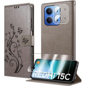 JGD-Coque pour Xiaomi Redmi 15C (4G/ 5G) avec 1 Verre Tremp&eacute;,1 Protection Camera,&Eacute;tuis Rabat [Housse en Cuir PU][Fentes pour Cartes][Pochette de Portefeuille][Stand Feature]- Gris - Neuf