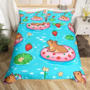 Simple (Sans Couette)-Bleu Gris-Housse De Couette Double Pour Enfants, Motif Capybara, Dessert, Gâteau Aux Fraises, Housse De Couette Étoilée, Motif Donut, Mignon, Amoureux Des Animaux, Rose - Neuf