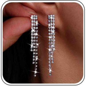 Kal-Boucles D'oreilles À Pampilles En Strass Argentées Boucles D'oreilles Longues En Forme De Lustre Avec Chaîne En Strass - Neuf