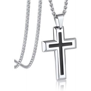 Trahoo-Collier Croix Homme En Acier Inoxydable 316l, Pendentif Croix Chrétienne Noir Avec Chaîne Spiga 3mm/55cm - Neuf