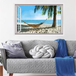 3D Stickers Muraux Vue Sur la Mer Palmiers Sticker Mural 3D Autocollants Muraux pour Salon Salle de Bain Chambre à Coucher Décoration Autocollant Mural de D'été Sticker Mural 3D Motif Plage - Neuf
