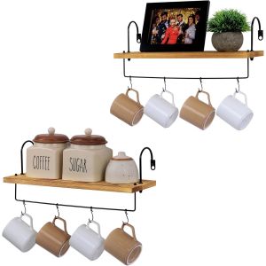 Lot de 2 Étagères de Cuisine en Bois - Étagère Murale avec Rail et Crochets - Etagere de Rangement Mural pour Bar à Café - Etagère Décorative - Salle de Bain et WC - Neuf