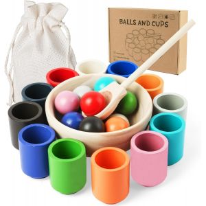 Jeu de Tri Montessori en Bois pour Enfant 2 Ans et Plus,Jouet en Bois Balles dans des Tasses,pour Le tri des Couleurs et Le Comptage,Bebe Empiler et de tri Jouet,12 Balles - Neuf