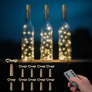 JGD-Lot de 10 guirlandes lumineuses pour bouteille de vin avec bouchon en li&egrave;ge, 20 LED blanc chaud, fonctionne &agrave; piles avec t&eacute;l&eacute;commande, guirlande lumineuse d'ext&eacute;rieur &eacute;tanche avec minuterie - Neuf