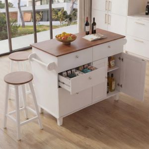 &Icirc;lot de cuisine HWC-P62 avec 2 tabourets, armoire de cuisine, tiroir, compartiments de rangement, MDF 90 x 131 x 47 cmblanc, bois clair - Neuf