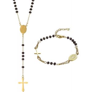 Eryi-Ensemble Collier Et Bracelet Femme:Collier Et Bracelet Perles En Acier Inoxydable Avec Pendentif Croix Et Médaillon Vierge Marie Religieux Catholiques - Cadeau Femme - Neuf