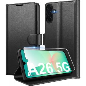 JGD-Coque pour Samsung Galaxy A26 5G en Premium Cuir PU, Portefeuille Housse Etui pour Cartes Protection Anti-Choc Flip Case avec 1 Verre Tremp&eacute; Noir - Neuf