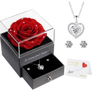 Rose Eternelle Cadeau Anniversaire Femme, Rose Éternelle Avec Argent 925 Collier Coeur Bijoux Cadeau Femme Original, Cadeau Noël, Roses Cadeau Saint Valentin Femme, Idee Cadeau Fete Des Meres - Neuf