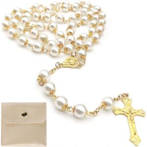 Kal-1 Chapelet Catholique Pour Communion Avec Croix Rétro, Pochette Cadeau Élégante En Velours, Pour Baptême, Communion, Mariage, Fête (Doré) - Neuf