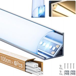 Profile Alu Pour Ruban Led Angulaire 1 M X 6 (6 M) Profil&eacute; Aluminium V-Shape 45&deg;, Pour Bande Led Jusqu'&agrave; 12mm Avec Diffuseur Led, Pour Plafond, Escalier, Coins - 15,8 X 15,8 Mm[Rub9224947] - Neuf