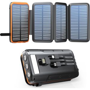 Batterie Externe Solaire 20000mah, Chargeur Solaire Avec 3 Câbles Qc4.0 22,5w Usb C 20w, Fonction De Charge Rapide, Avec 4 Panneaux Solaires Et 3 Lampes De Poche Led Pour Smartphones (Noir) - Neuf