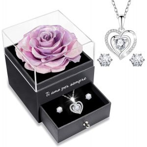 Rose Eternelle Avec Parure De Bijoux Brillante, Cadeau Anniversaire Femme,U201cje T'aime Pour ToujoursU201den Italien Imprim&eacute; Sur La Bo&icirc;te, Cadeaux De Saint-Valentin Pour Elle,Vraie Rose - Neuf