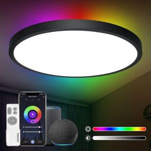 Subzonal-Led Plafonnier, Dimmable 24w Intelligent Lampe Plafond Rgb Compatible Avec Alexa Et Google, Avec Telecommande App Dimmable,Avec 16 Millions De Couleurs Diy,Pour Chambre &Agrave; Coucher, Salon (Noi - Neuf