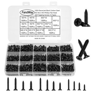 ChenQuanSarl-Lot De 1200 Vis À Bois Autotaraudeuses À Tête Plate Cruciforme M2 M2.6 M3 À Tête Fraisée Phillips En Acier Au Carbone Avec Boîte De Rangement - Neuf