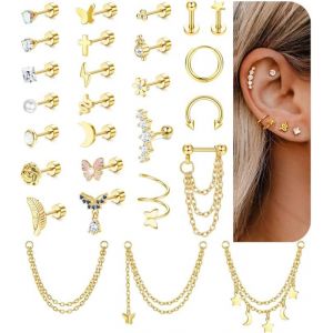 27 Pieces Helix Cartilage Earring Surgical Steel For Women Men Hypoallergenic 16g Gold Silver Piercing Conch Star Hoop Moon Tragus Ears Piercing Jewellery - Neuf