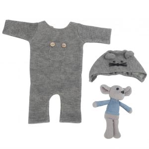 Accessoires De Photographie Pour Nouveau-Ne, Ensemble Chapeau, Combinaison Et Jouet, Tenue De Dessin Anime Pour Bebe. Chapeau Gris, Jouet Et Combinaison. - Neuf