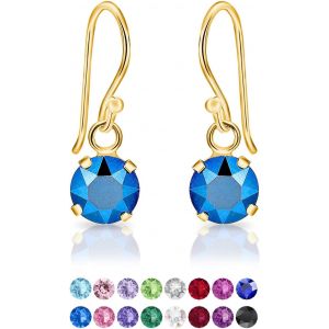Kal-® Boucles D'oreilles Pendantes À Crochet En Argent Fin 925 Plaqué Or Jaune Et Cristaux De Swarovski® Elements Ronds - Diamètre: 6 Mm - Neuf