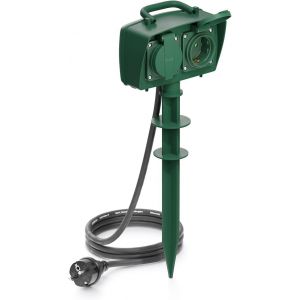 Prise Extérieure à 2 Compartiments avec Piquet de Terre 2X Prise de Contact de Protection Controle Parental IP44 Résistant aux Éclaboussures Résistant aux Intempéries 5m - Neuf