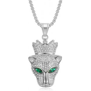 Kal-Pendentif T&ecirc;te Gu&eacute;pard Couronne, Collier T&ecirc;te L&eacute;opard En Argent Pour Hommes, Collier T&ecirc;te L&eacute;opard Scintillante Bijoux T&ecirc;te L&eacute;opard Viking, Collier Pendentif Animal L&eacute;opard &Eacute;tincelante Pour Gar&ccedil;on - Neuf