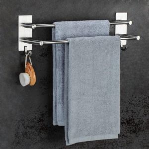 Ulteronixshop-Porte Serviette Salle de Bain sans Percage Barre Porte-Serviettes en Acier Inoxydable bross&eacute; Autocollant Double avec 2 Crochets de Serviette Mural pour Salle de Bain Cuisine - Neuf