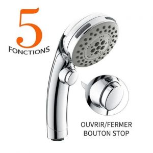 Pommeau de Douche Chromé avec Bouton Stop Douchette à Main 5 Jets au Choix Pomme de Douche Picots Anticalaire Type Universel - Neuf