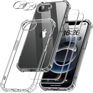 5 En 1 Coque Pour Iphone 16E Avec 2 Verre Tremp&eacute; Et 2 Cam&eacute;ra Protecteur, &Eacute;tui De Protection Antichoc Avec Coussin D'Air Int&eacute;gr&eacute; Mince Bumper Housse - Transparente - Neuf