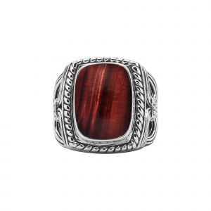 Bague Argent Homme Temple Pierre ?Il De Tigre Rouge - Neuf