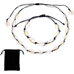 Trahoo-Set De Collier Et Bracelet Coquillage - 2 Pièces Ras Du Cou En Coquillage Naturel - Bracelet De Cheville Femme Réglable Avec Sac En Velours - Neuf