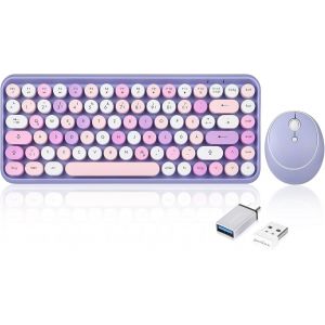 Periduo-713Pp Mini Clavier Et Souris Sans Fil - Capuchons Ronds R&eacute;tro - Violet Pastel - Disposition Qwertz Allemande - Neuf