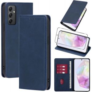 KAL-Coque Cuir Pour Samsung Galaxy A35 6.6"" Avec 1 Verre Trempé Etui À Rabat En Pu Porte-Cartes Portefeuille Support Flip Housse Magnétique Antichoc Anti-Rayures Case,Bleu - Neuf