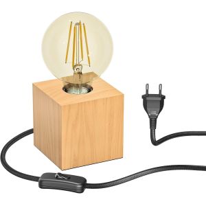 Lampe De Table Hito, Interrupteur, Usb, Bois Véritable (Hévéa), Carré, Marron Clair, 1x E27 Max. 60w - Neuf