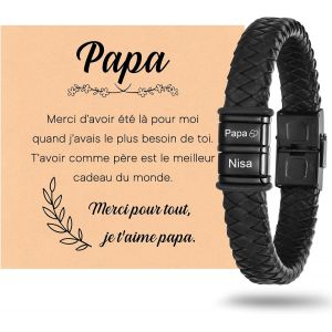 Bracelet Personnalis&eacute; Homme Cadeau Papa - Id&eacute;e Cadeau F&ecirc;te Des P&egrave;res Anniversaire Avec Bo&icirc;te Et Carte Pour Papa Bracelet En Cuir Tress&eacute; Avec Pr&eacute;nom Enfant - Neuf