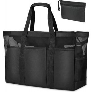 TZF-Grand Sac de Plage en Maille, Grand Sac de Plage en Maille Pliable pour Femme avec Fermeture Éclair, Sac Fourre-Tout de Plage Anti-Sable, Sac Cabas en Maille Sac de Plage en Filet d'été - Neuf