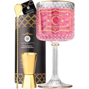 Ytfhg-Verre À Gin Personnalisé Avec Jantes Dorées + Votre Choix D`Initiale (C) | Grands Verres À Gin Pour Femme Avec Cuillère À Cocktail Et Doseur Dorés | Recette Pdf | Verre À Vin Idéal Aperol - Neuf