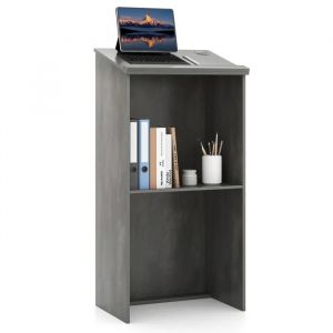 COSTWAY Pupitre pour Podium en Bois, Hauteur 116,5 cm avec &Eacute;tag&egrave;re de Rangement et Trous pour C&acirc;bles, pour Classe Gris - Neuf