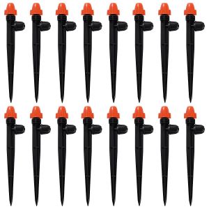 16 Pi&egrave;ces Goutteur Irrigation R&eacute;glable pour Tube 4/7 mm, Micro Asperseur Goutte &agrave; Goutte avec Connecteur Barbel&eacute; & Piquet de Support, Goutteur D'irrigation Insertion, Orange - Neuf