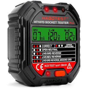 Testeur de Prise 90-250V Testeur de Circuit Electrique Courant Automatique D&eacute;tecteur de Tension de Polarit&eacute; avec LCD Test RCD pour D&eacute;tectez Erreurs des C&acirc;blages - Neuf